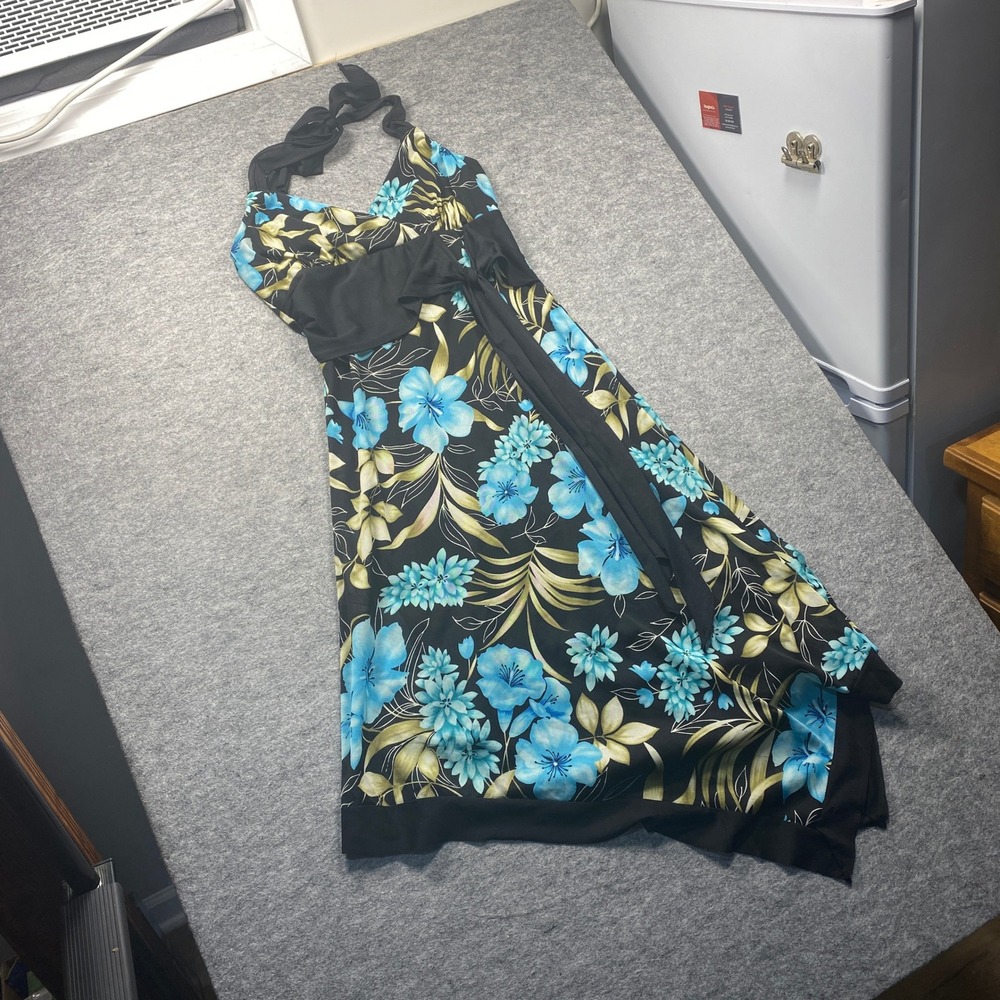 Trixxi Floral Halter Dress Black Blue Tropical Handkerchief Hem Y2K Large T6734 - Picture 5 of 7